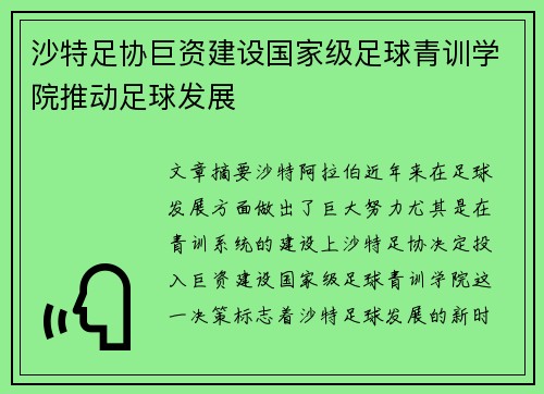 沙特足协巨资建设国家级足球青训学院推动足球发展