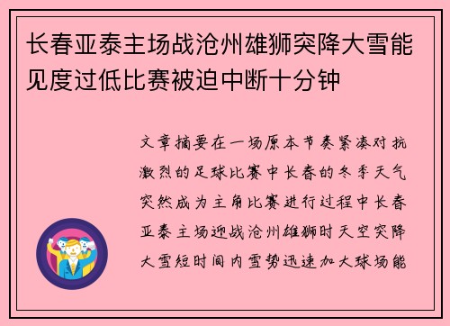 长春亚泰主场战沧州雄狮突降大雪能见度过低比赛被迫中断十分钟